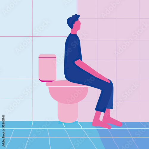 Minimalist vector illustration of man sitting on toilet in brightly colored tiled bathroom with clean flat design