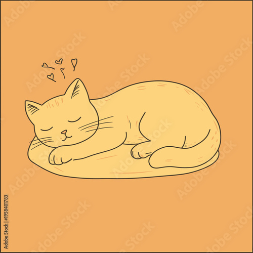 Cute sleeping cat lying curled up with hearts doodle sketch on orange background minimal vector illustration relaxing pet animal concept calm and cozy rest time