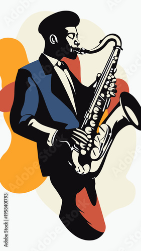 Stylized minimalist vector illustration of jazz saxophonist playing saxophone in blue suit with abstract colorful background shapes in retro style