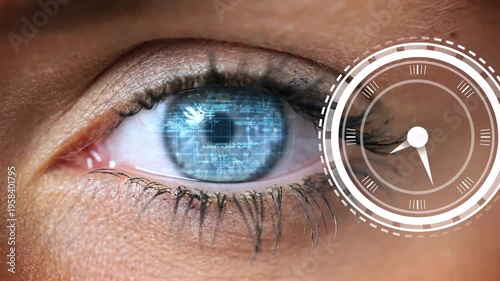 Animation of data processing and clock moving over eye