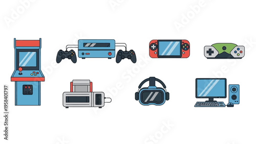 collection of old-school gaming and entertainment devices including arcade machine controllers and