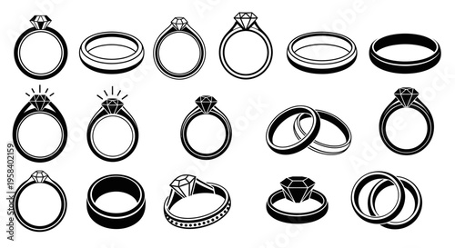 Collection of intricately designed rings, including elegant engagement bands, wedding circles, and sparkling gemstone adornments, symbolizing love and commitment