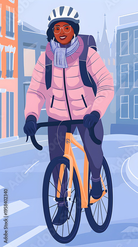 Woman cycling on city street during winter commuting
