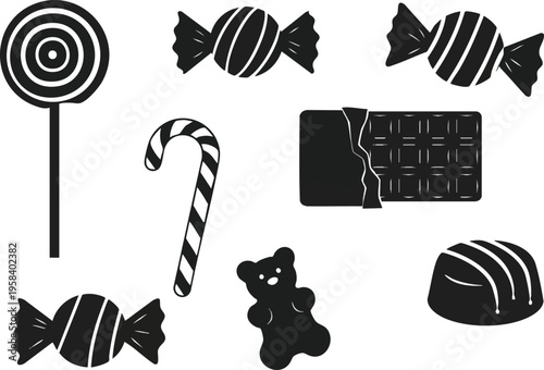 Collection of various sweet candies and treats, including a lollipop, candy canes, chocolate bar, and gummy bears, rendered in a simple black and white silhouette style, perfect for design elements