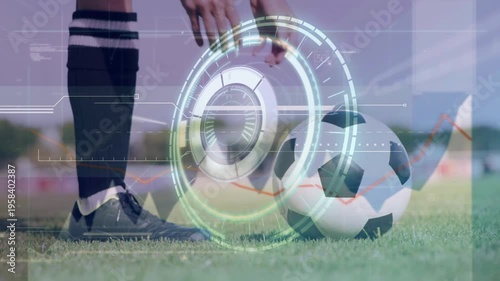 Animation of data processing with scope scanning over football player kicking ball