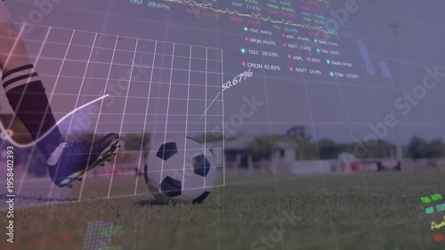 Animation of graphs and financial data over soccer ball on field