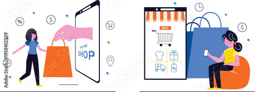 The convenience and benefits of online shopping illustrated through modern graphics