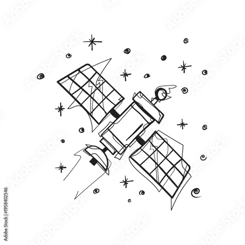 Hand Drawn Satellite Orbiting Space Doodle Illustration