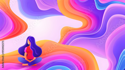 Woman meditating finding inner peace among colorful waves