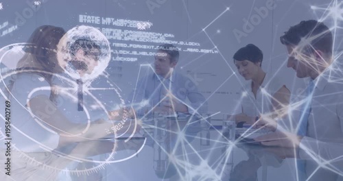 Animation of infographic interface over caucasian manager discussing with coworkers in meeting