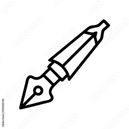 A minimalist vector graphic illustration of a fountain pen nib in black lines on a white background