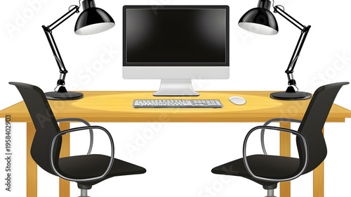 Office workstation setup with computer monitor and chairs