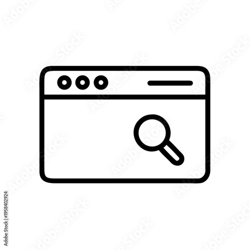 A simple black and white illustration of a browser window with a magnifying glass icon
