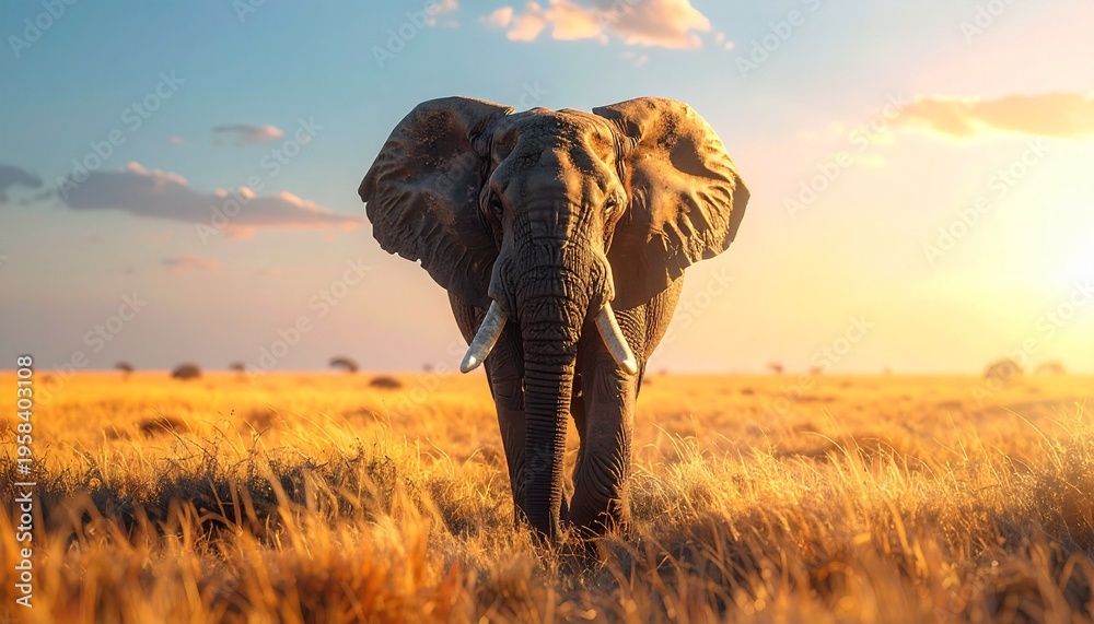 Fototapeta premium Large elephant walking towards camera in savannah during sunset