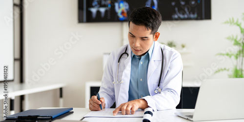 Hands, doctor and clipboard writing notes for hospital schedule, history record or healthcare checklist. Paper, documents or person with life insurance with medical aid, prescription or test results.