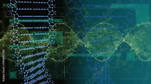 Animation of dna, waves and data on digital screen