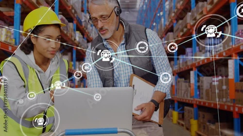 Animation of network of connections with icons over diverse workers in warehouse
