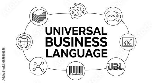 Universal Business Language (UBL) concept illustration with business icons and symbols.