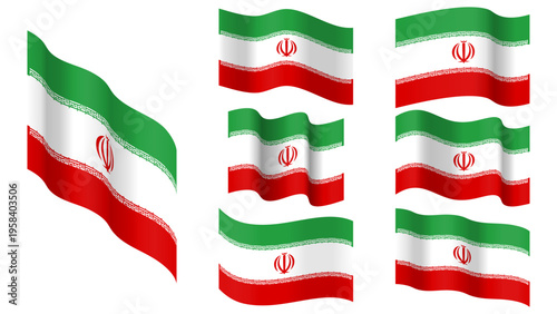 Iran flag set, Iran waving vector flag collection. Isolated on transparent background. Illustration. Design element for banner, presentation, sale, discount, advertisement, web.