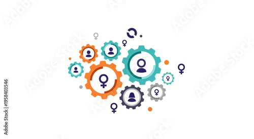 Diversity and inclusion concept with gear icons and gender symbols for business and social media