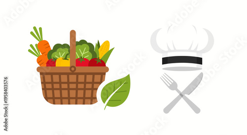 fresh vegetable basket with chef hat and utensils for restaurant menu or healthy food marketing