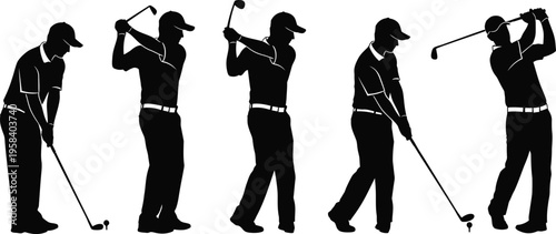 Professional golf swing sequence silhouettes, male golfer playing golf set of 5 vector icons, athletic man hitting golf ball with club