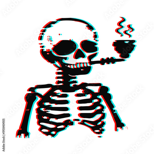 Skeleton Smoking Pipe with Retro Anaglyph Glitch Effect Illustration Isolated on White Background