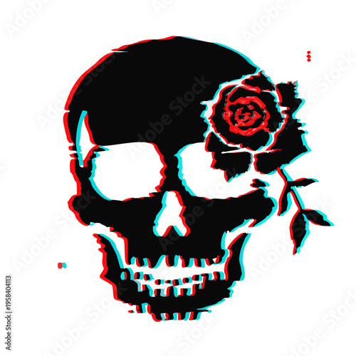 Glitch effect skull with rose silhouette gothic dark floral symbol isolated on white background