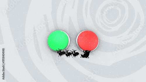 Animation of snow over santa claus in sleigh being pulled by reindeers against red and green button