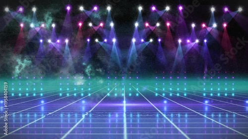 Animation of glitch effect over grid network against disco lights on black background