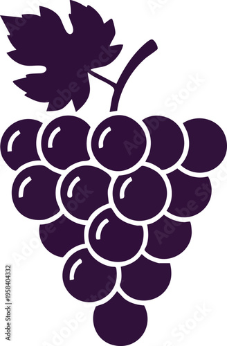 A fresh bunch of deep purple grapes with a single green leaf, beautifully illustrated as a vector graphic