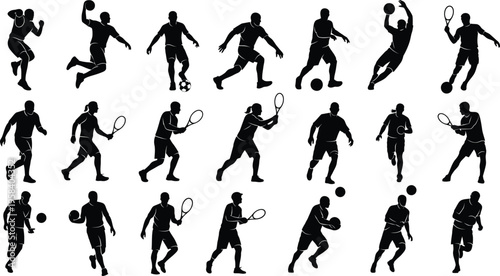 Athletic sports silhouettes collection, 21 vector icons of soccer and tennis players, black male and female athlete figures in motion