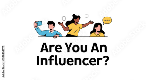 Social media influencer concept illustration with diverse characters taking selfies and communicating.