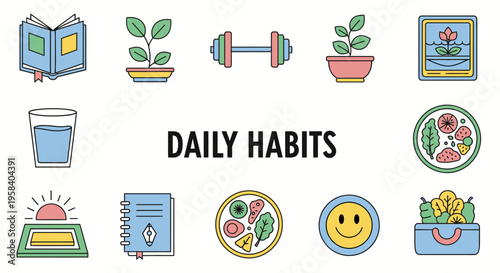 Daily habits icon set for healthy lifestyle and self-care routine
