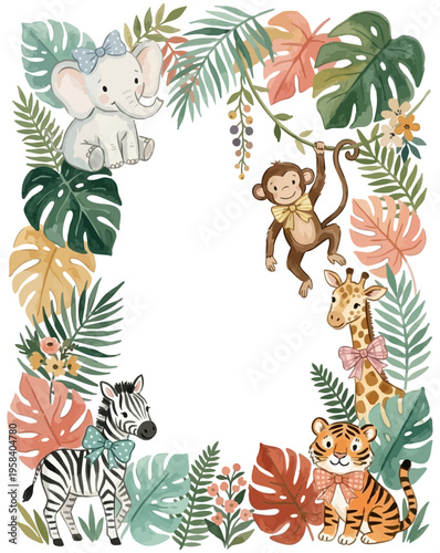 Watercolor safari animals frame with monkey tiger and elephant. Tropical jungle foliage frame for kids Birthday and baby shower. Cute safari nursery invitation template with wild animals and bows