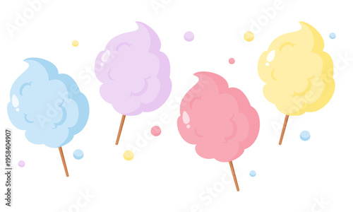 Cute candy floss cartoon image. Sweet vector illustration. Colorful cotton candy variation set