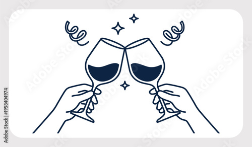 Minimal Linear Vector Illustration of Cartoon Hands Holding Wine Glasses for Party Celebration Invitation Design.
