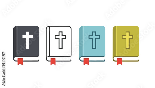 Bible icon set with colorful book illustrations and crosses