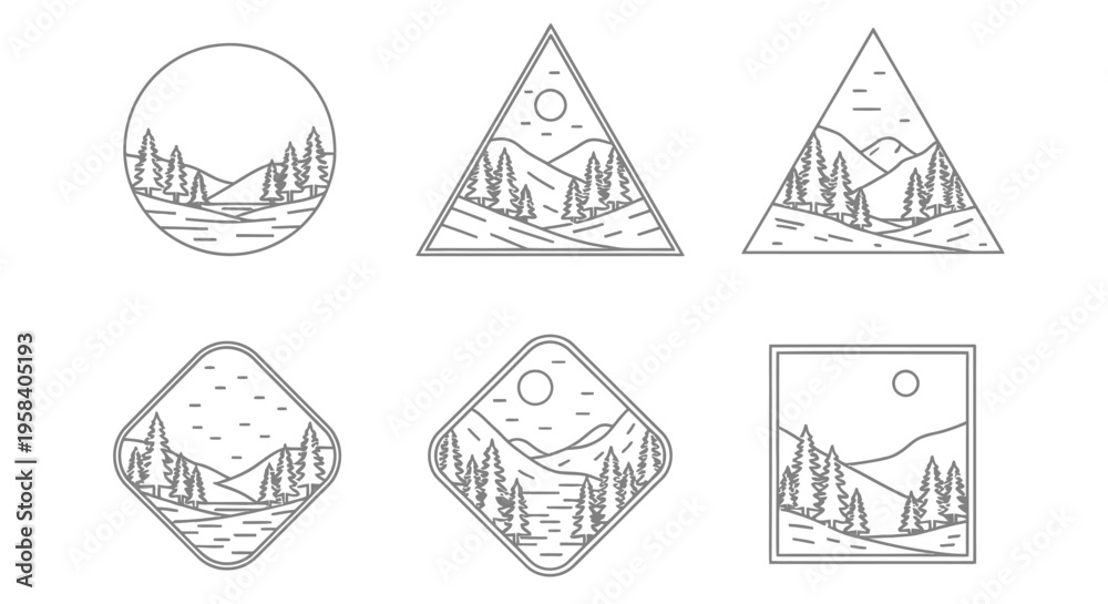 Fototapeta premium Minimalist mountain landscape emblems in various geometric shapes black and white