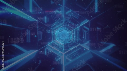 Animation of globe on looping hexagonal tunnel with changing numbers against abstract background