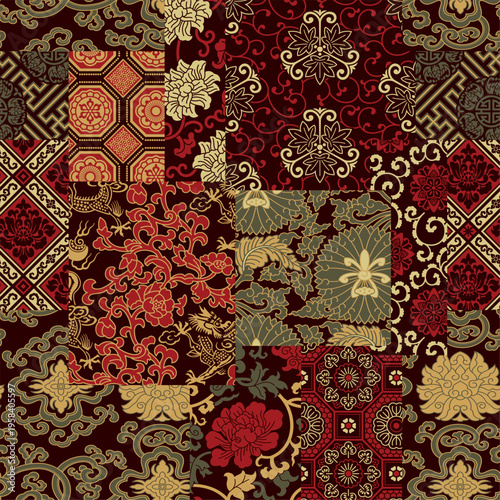 Traditional Chinese style fabric patchwork wallpaper abstract floral vector seamless pattern for shirt fabric wrapping carpet rug tablecloth pillow tapestry towel