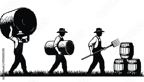 Farmers working in a field with hay bales and barrels illustration