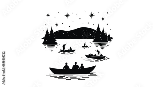 A boat silhouette vector illustration on a serene lake at night