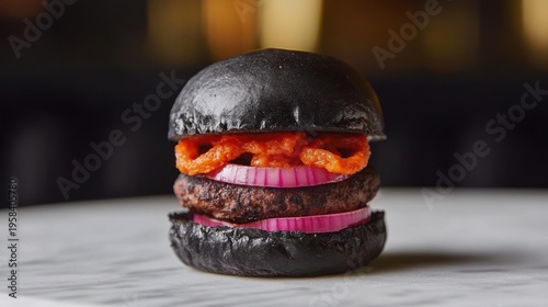Gourmet black bun burger, close-up