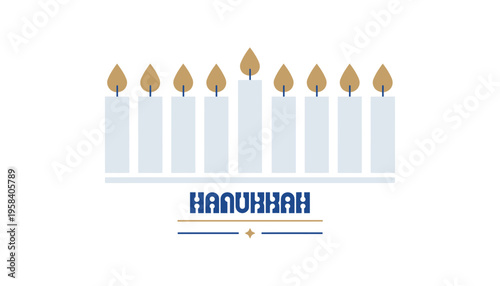 Hanukkah menorah with nine candles and blue text on white background
