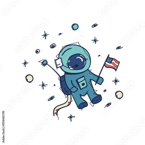 Retro Cute Astronaut with American Flag Doodle Color Illustration