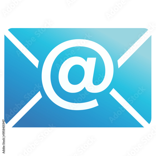 Blue email envelope icon with at symbol, digital mail notification and contact us vector illustration for web design, isolated
