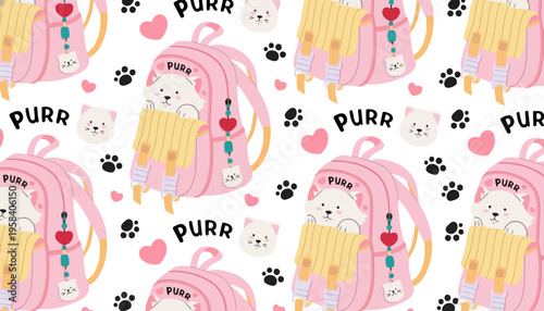 A cute cartoon backpack with a cat face and colorful pencils illustration