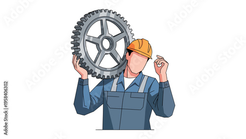 Engineer's Burden: A diligent engineer carries a heavy gear, symbolizing the intricacies of industry and technical innovation.