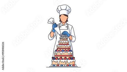 Artisan's Delight: A chef, adorned in a classic toque, meticulously crafts a multi-tiered masterpiece, meticulously decorating a grand cake with skillful precision.